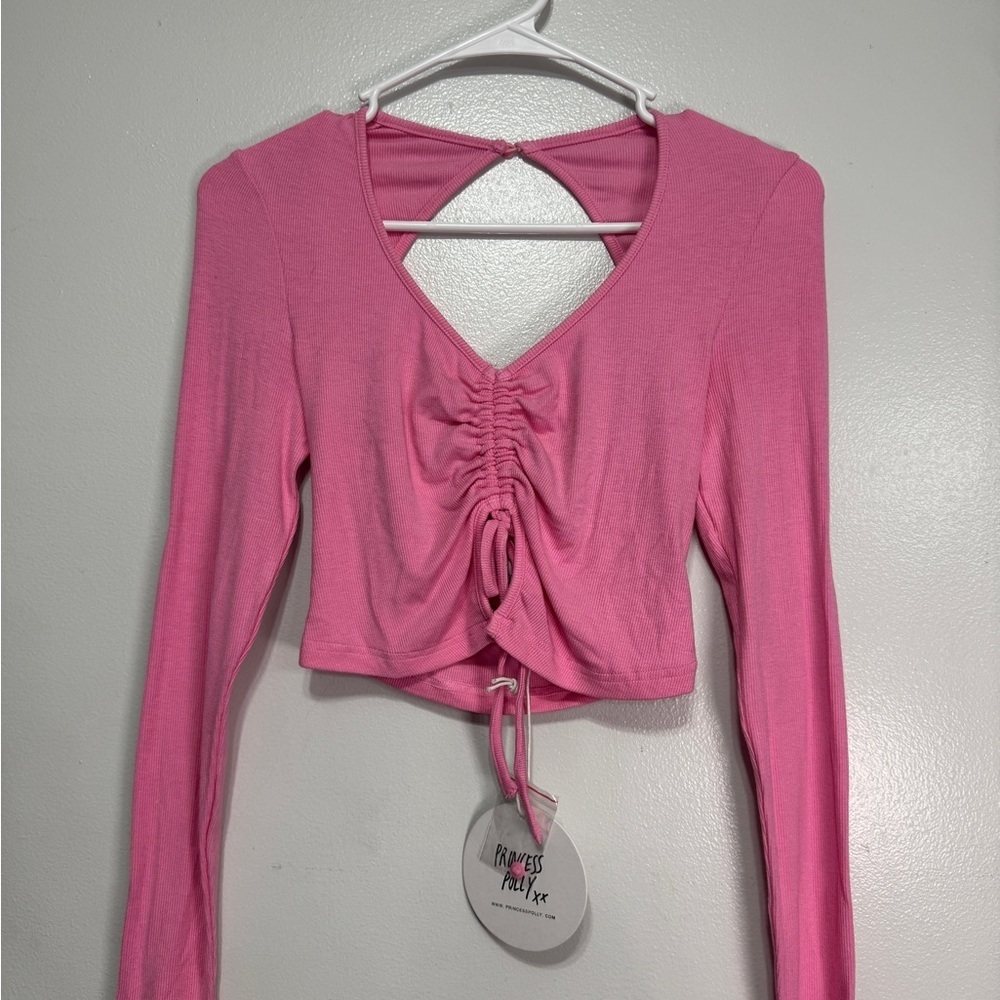 Princess Polly Pink Ruched Drawstring Open Back Crop Top XXS NWT - Picture 2 of 7